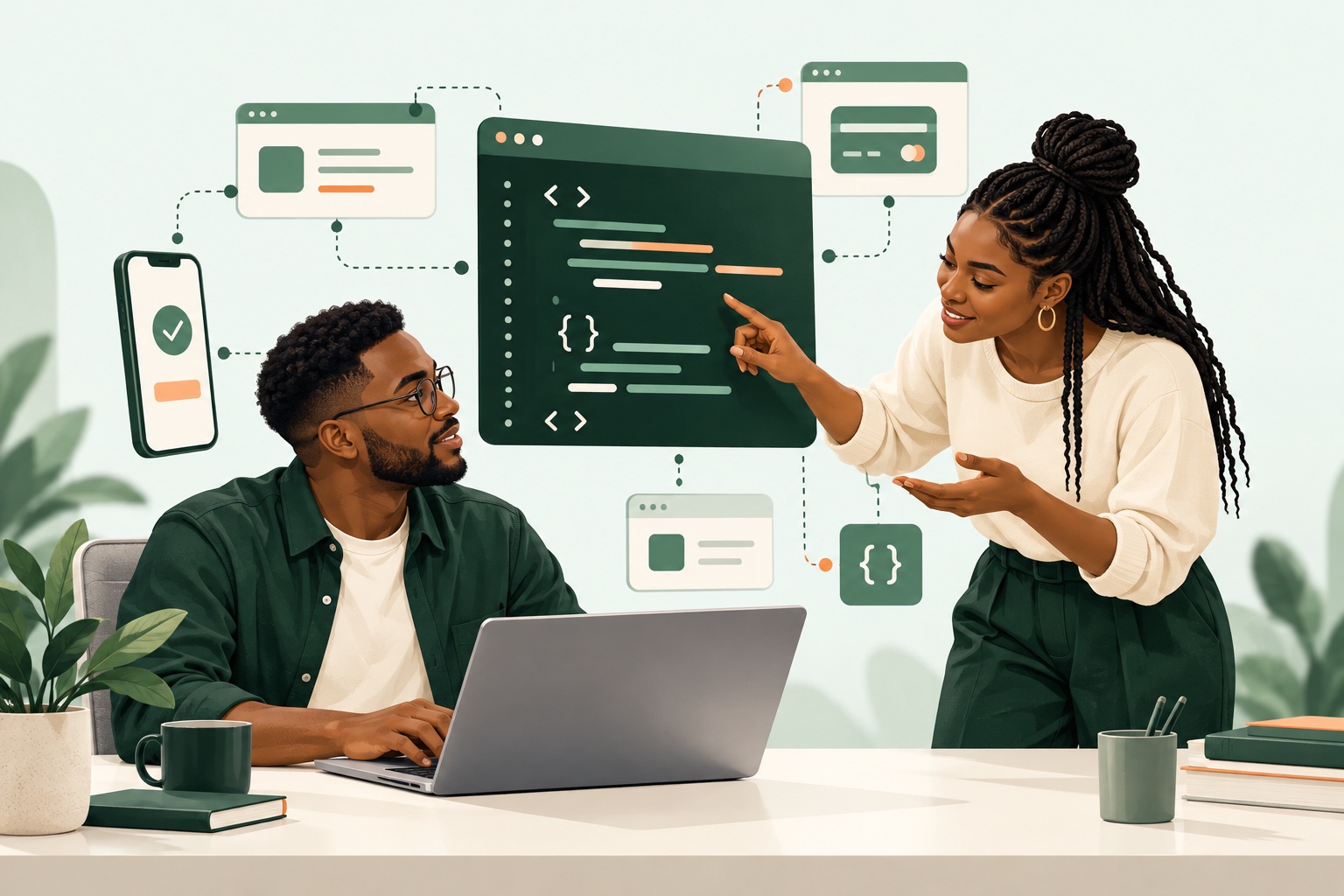 Deux développeurs collaborent autour d’un ordinateur, avec des illustrations de code et d’interfaces de paiement.