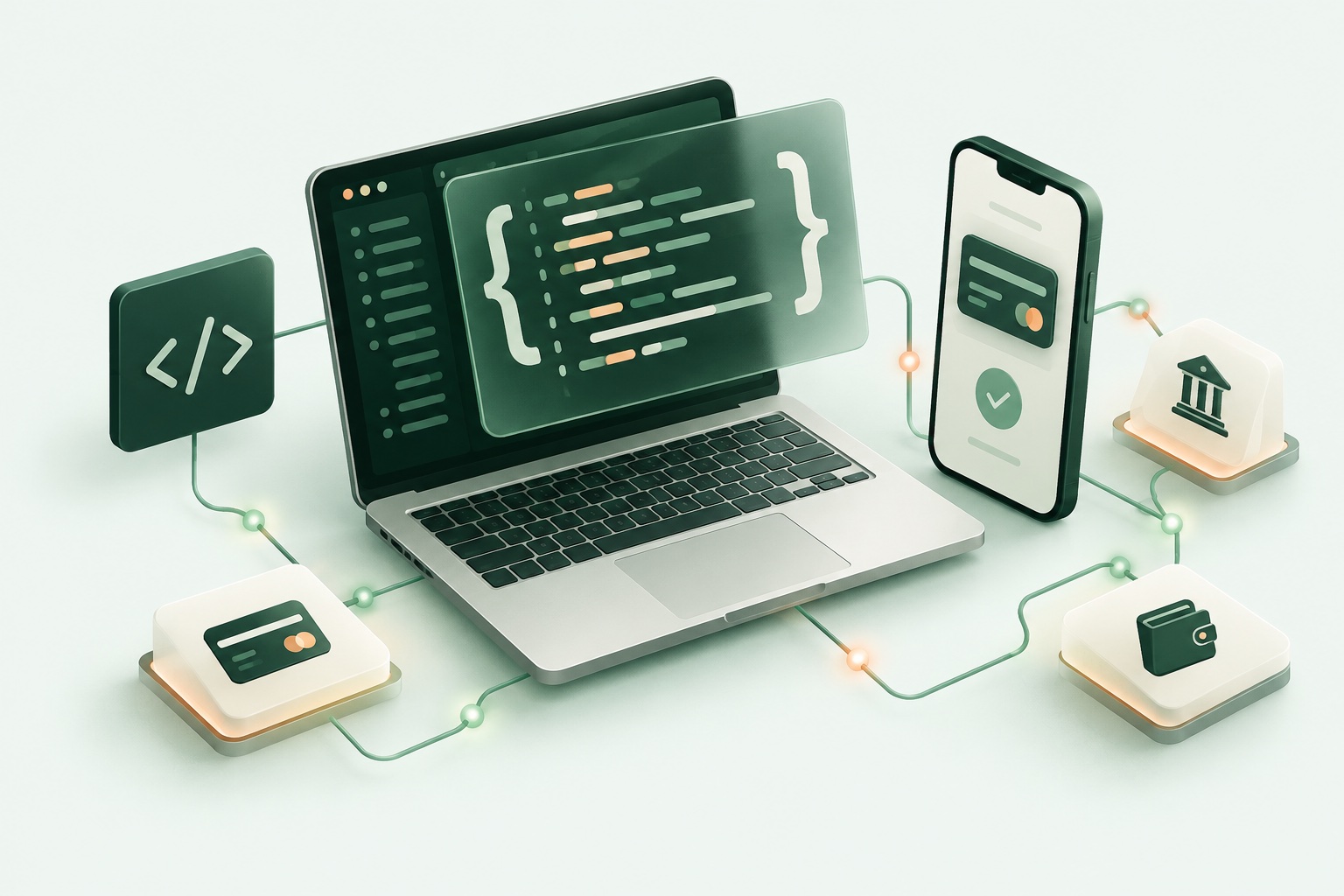 Un ordinateur illustré avec des fenêtres de code, relié à un téléphone, une carte, un portefeuille et une banque.